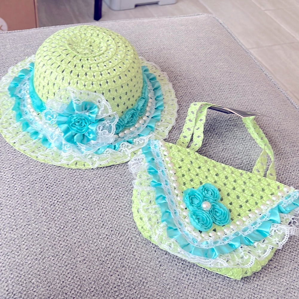 Beautiful young ladies, lime, Green straw, hat, and hand bag set- hand decorated